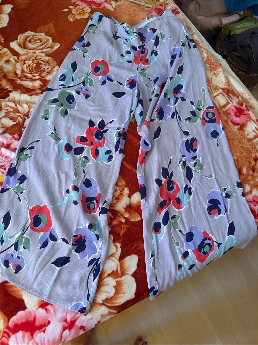 elevenses Lavender Floral Wide-Leg Pants with Coral Trim